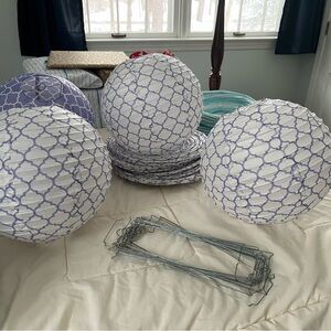 Bundle of 18 Gently Used 12” Purple/White Pattern and Blue Stripe Paper Lanterns